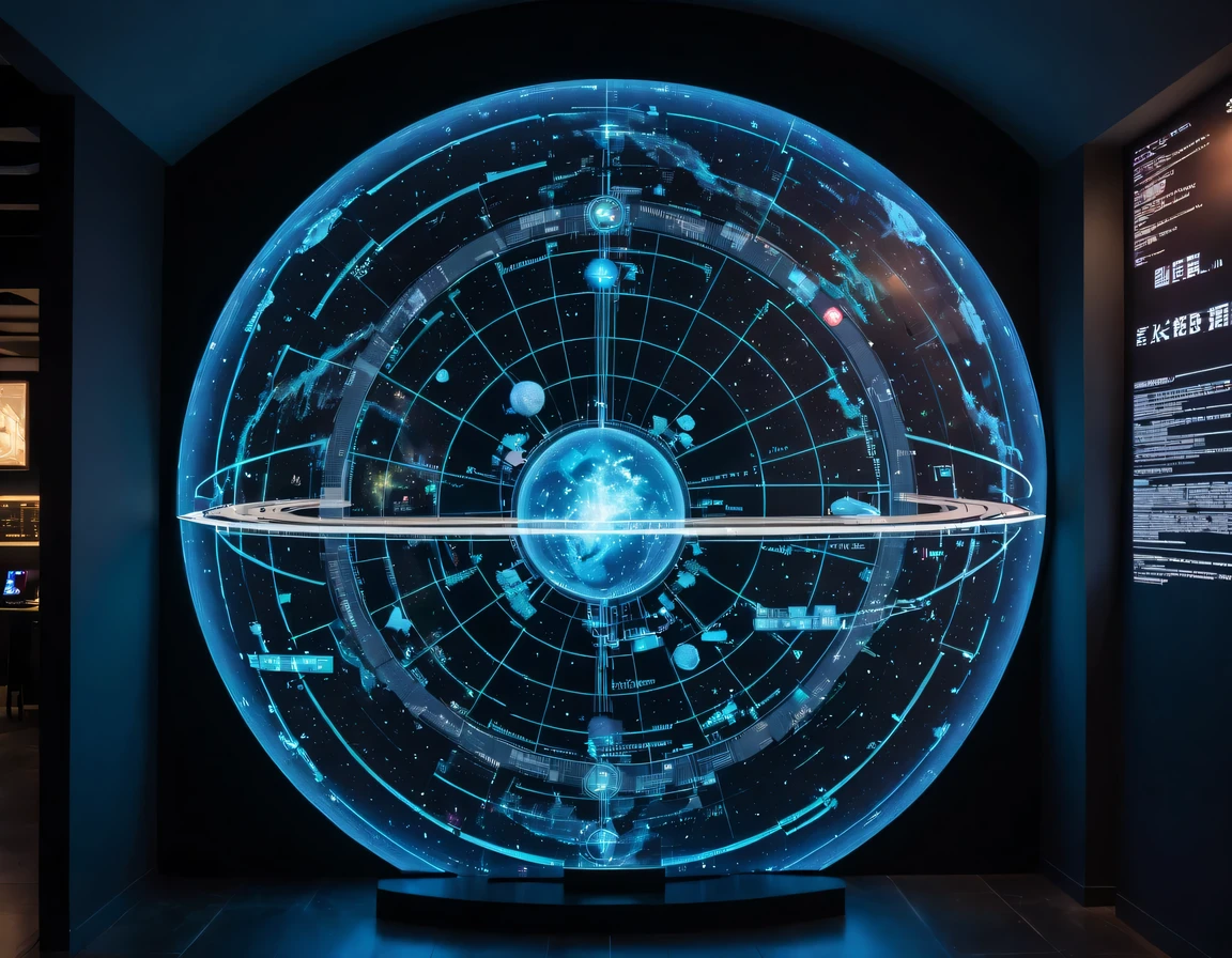 high tech会议大厅中间有未来派transparent空灵天文图,3D astronomical map,Holographic projection astronomical map,Map of cosmic galaxies,spherical,transparent,cyberpunk,X-ray,fluorescence,neon lights,high tech,command hall,Control lobby