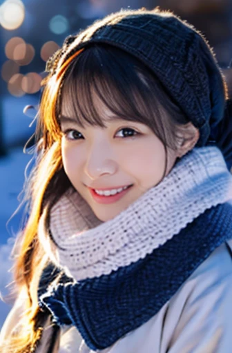 highest quality, soft light, ultra high resolution, (realistic:1.4), full_body,RAW photo, 1 Japanese girl, alone, cute, (pupil, There's a light in my eyes), detailed beautiful face,(High resolution details of human skin texture), (long hair), outdoor,skirt, (portrait),winter,big smile,knit,snow,night sky