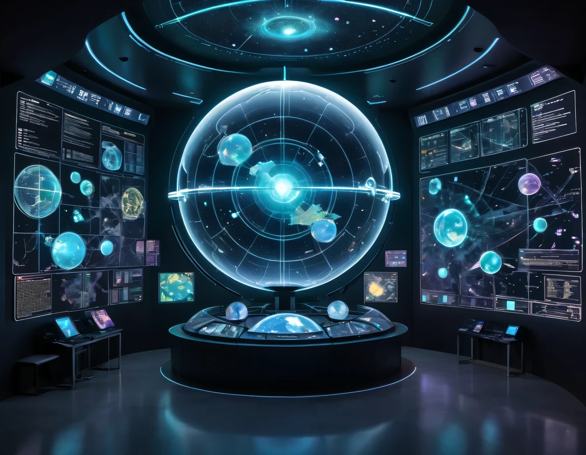 high tech会议大厅中间有未来派transparent空灵天文图,3D astronomical map,Holographic projection astronomical map,Map of cosmic galaxies,spherical,transparent,cyberpunk,X-ray,fluorescence,neon lights,high tech,command hall,Control lobby