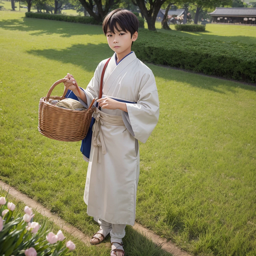 High resolution, Super detailed, masterpiece, highest quality,oriental、boy、boy working in the field、grassland、Basket Bag、Wearing traditional Japanese costumes、game poster、alone、