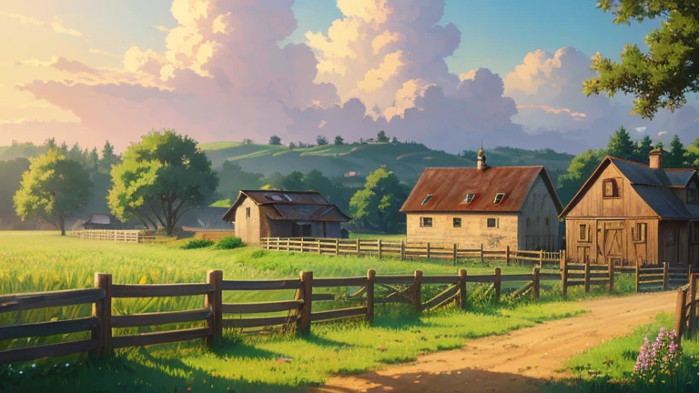 anime scenery of a farm with a fence and a house, Concept art inspired by Makoto Shinkai, pixiv, digital art, anime countryside landscape, anime scenery, anime background art, anime scenery, beautiful anime scenery, anime movie background, anime background, studio glibly makoto shinkai, Makoto Shinkai's style, beautiful anime scene