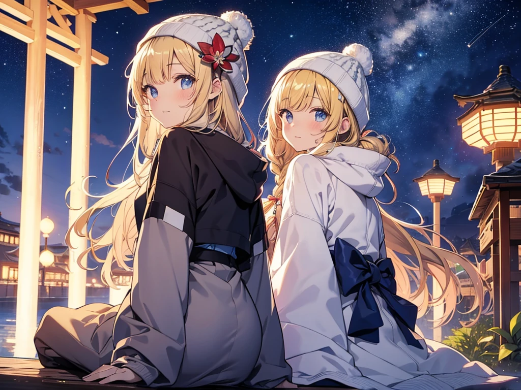 (masterpiece)++,(sweet illustration)+,detailed gradient eyes, outdoors, milky way galaxy, Beautiful scenery, Moonlight, high resolution, night view, 
1girl, sitting, kimono, WHITE MUFFLER, duffel coat, ROBE, (fluffy, beanie), from back, looking at viewer, medium bob, blonde hair, bun_head, shiny wavy hair, blue eyes, light smile, lens flare, Japanies Hairpin, kanzashi, braided bangs, cute, , 14-yo, , sweaty hats, white breath, steam, shooting star, astronomical telescope, ancient city,