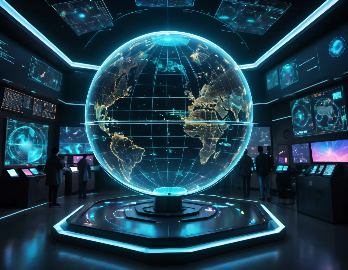 high tech会议大厅中间有未来派transparent空灵天文图,3D astronomical map,Holographic projection astronomical map,Map of cosmic galaxies,spherical,transparent,cyberpunk,X-ray,fluorescence,neon lights,high tech,command hall,Control lobby