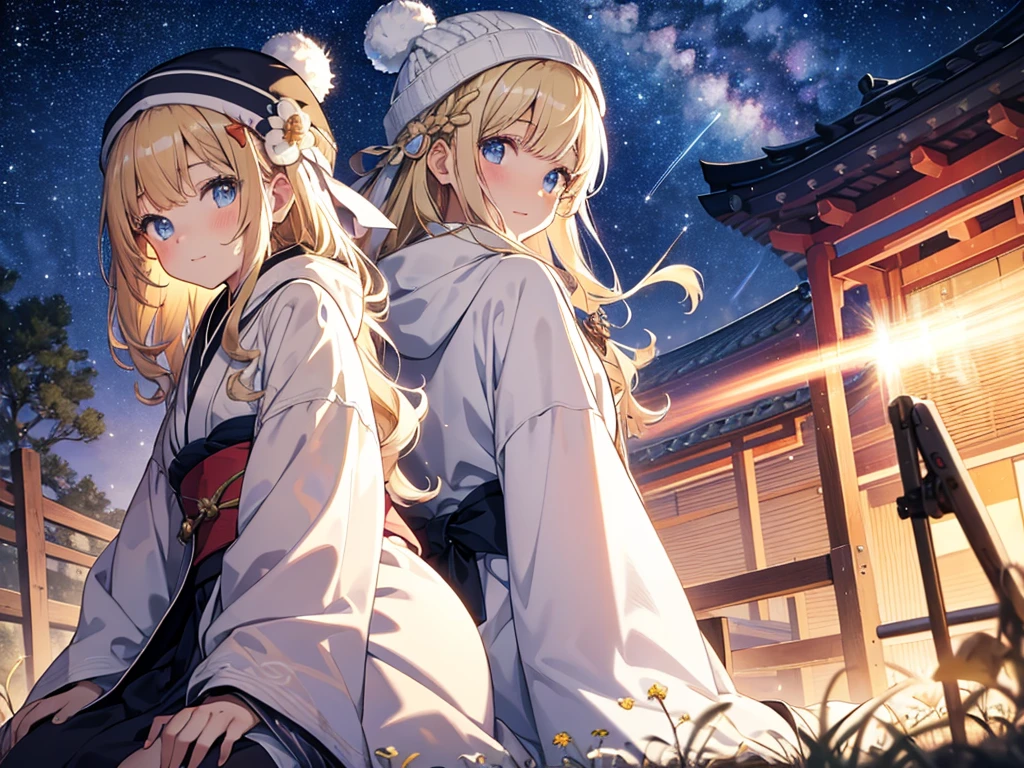 (masterpiece)++,(sweet illustration)+,detailed gradient eyes, outdoors, milky way galaxy, Beautiful scenery, Moonlight, high resolution, night view, 
1girl, sitting, kimono, WHITE MUFFLER, duffel coat, ROBE, (fluffy, beanie), from back, looking at viewer, medium bob, blonde hair, bun_head, shiny wavy hair, blue eyes, light smile, lens flare, Japanies Hairpin, kanzashi, braided bangs, cute, , 14-yo, , sweaty hats, white breath, steam, shooting star, astronomical telescope, ancient city,