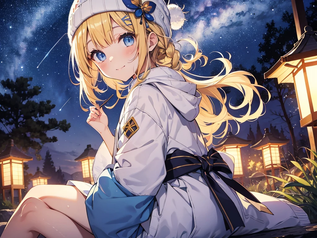 (masterpiece)++,(sweet illustration)+,detailed gradient eyes, outdoors, milky way galaxy, Beautiful scenery, Moonlight, high resolution, night view,
1girl, sitting, kimono, WHITE MUFFLER, duffel coat, ROBE, (fluffy, beanie), from back, looking at viewer, medium bob, blonde hair, bun_head, shiny wavy hair, blue eyes, light smile, lens flare, Japanies Hairpin, kanzashi, braided bangs, cute, , 14-yo, , sweaty hats, white breath, steam, shooting star, astronomical telescope, ancient city,