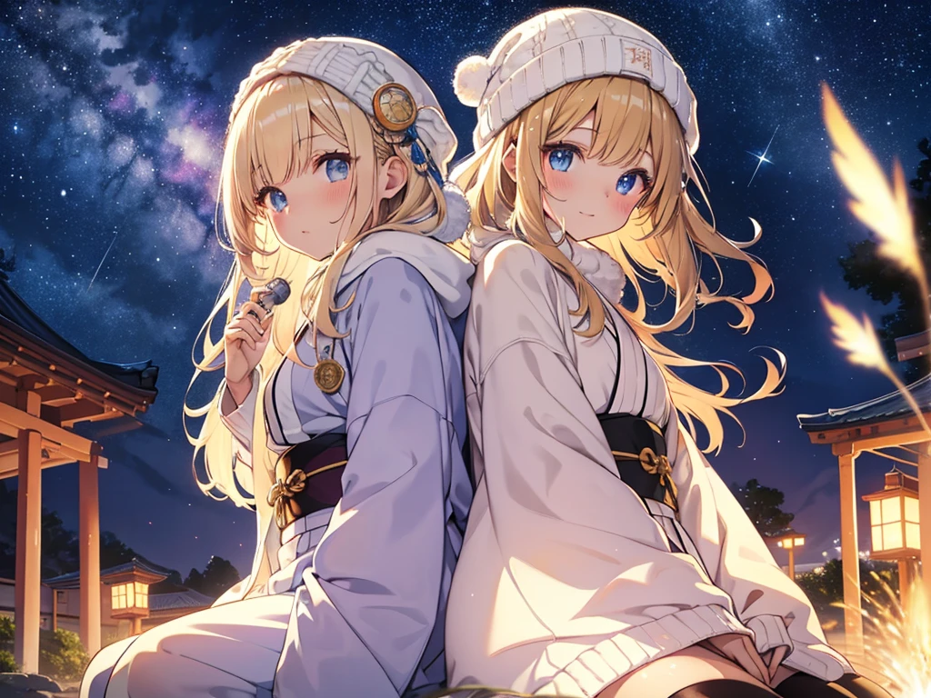 (masterpiece)++,(sweet illustration)+,detailed gradient eyes, outdoors, milky way galaxy, Beautiful scenery, Moonlight, high resolution, night view, 
1girl, sitting, kimono, WHITE MUFFLER, duffel coat, ROBE, (fluffy, beanie), from back, looking at viewer, medium bob, blonde hair, bun_head, shiny wavy hair, blue eyes, light smile, lens flare, Japanies Hairpin, kanzashi, braided bangs, cute, , -yo, sweaty hats, white breath, steam, shooting star, astronomical telescope, ancient city,