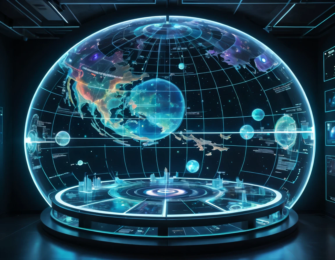 high tech会议大厅中间有未来派transparent空灵天文图,3D astronomical map,Holographic projection astronomical map,Map of cosmic galaxies,spherical,transparent,cyberpunk,X-ray,fluorescence,neon lights,high tech,command hall,Control lobby