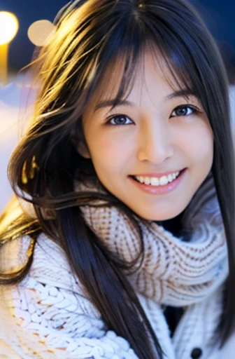 highest quality, soft light, ultra high resolution, (realistic:1.4), full_body,RAW photo, 1 Japanese girl, alone, cute, (pupil, There's a light in my eyes), detailed beautiful face,(High resolution details of human skin texture), (long hair), outdoor,skirt, (portrait),winter,big smile,knit,snow,night sky