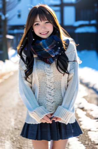 highest quality, soft light, ultra high resolution, (realistic:1.4), full_body,RAW photo, 1 Japanese girl, alone, cute, (pupil, There's a light in my eyes), detailed beautiful face,(High resolution details of human skin texture), (long hair), outdoor,skirt, (portrait),winter,big smile,knit,snow,night sky
