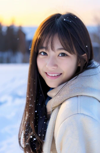 highest quality, soft light, ultra high resolution, (realistic:1.4), full_body,RAW photo, 1 Japanese girl, alone, cute, (pupil, There's a light in my eyes), detailed beautiful face,(High resolution details of human skin texture), (long hair), outdoor,skirt, (portrait),winter,big smile,knit,snow,night sky