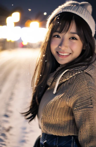 highest quality, soft light, ultra high resolution, (realistic:1.4), full_body,RAW photo, 1 Japanese girl, alone, cute, (pupil, There&#39;s a light in my eyes), detailed beautiful face,(High resolution details of human skin texture), (long hair), outdoor,skirt, (portrait),winter,big smile,knit,snow,night sky