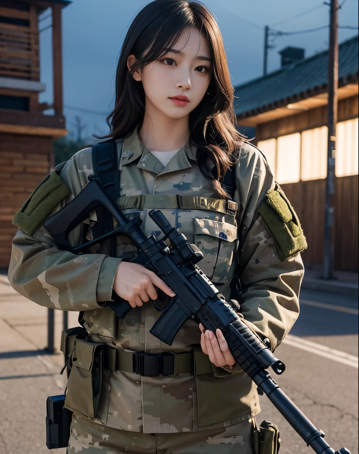 男の兵士にautomatic rifleを打つ、Photoreal、realistic skin texture、automatic rifle、cute beautiful girl、holding a gun at a male soldier、