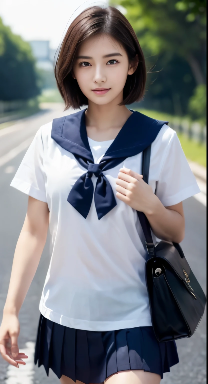 Photorealistic beautiful female student、16 years old、amazingly beautiful、extremely fine transparency、beautiful body、(highest quality、8K、32K、masterpiece、nffsw:1.3)、ultra high resolution,(Photoreal:1.4),RAW photo, detailed face,,beautiful hair, ,very short hair 、very short hair、amazingly beautiful二重まぶた、beautiful nipples、 natural makeup,, small perfect breasts, wet hair、detailed background, perfect lighting, Depth of written boundary, beautiful shadow gradation、thin limbs、thin thighs、(whole body)、((Short Sleeve Sailor Uniform Uniform、high school girl、Short navy blue skirt、black student bag))、((Walking on the road))、Beautiful and slim perfect body、beautiful high nose、landscape