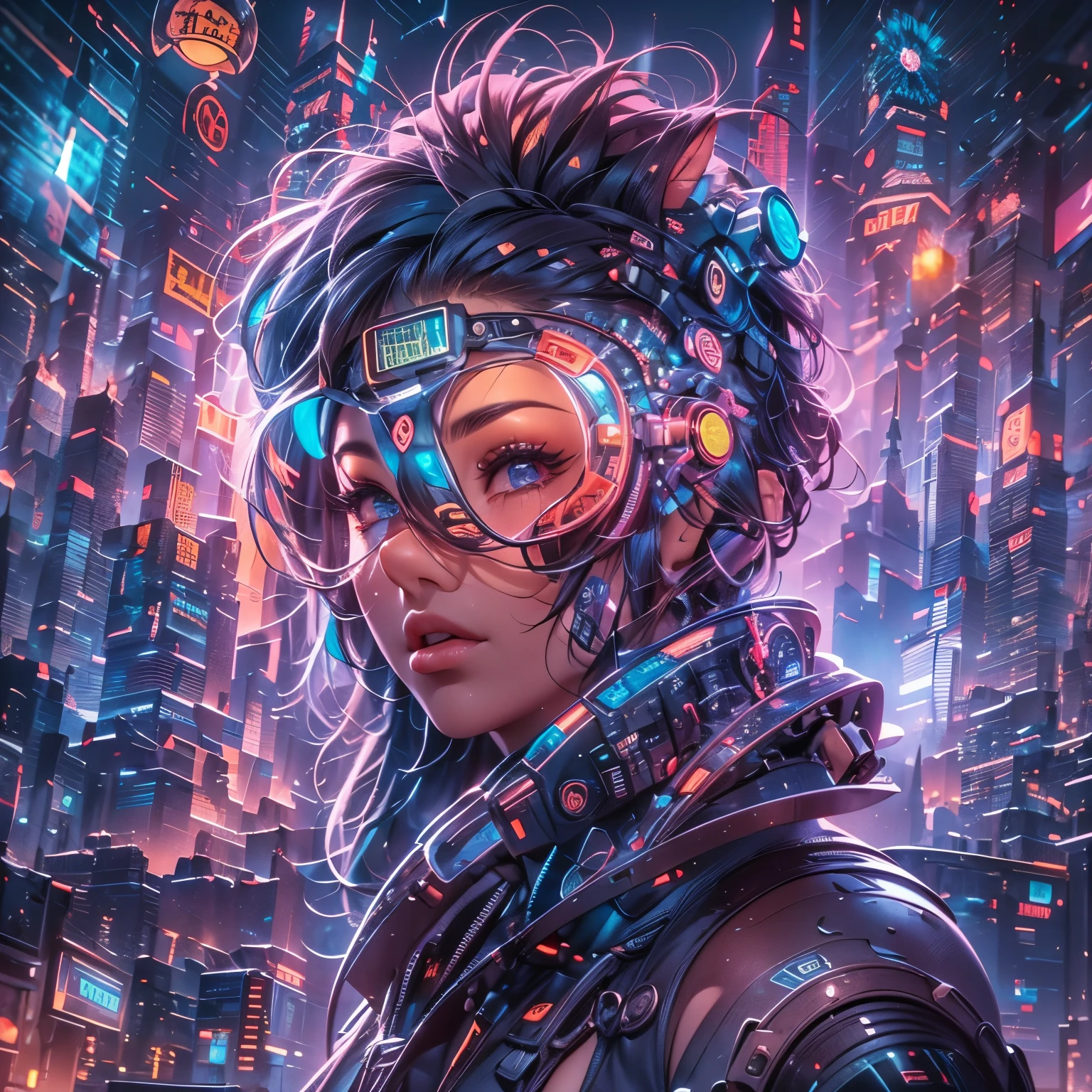 A portrait of a person with a futuristic and artistic theme. The individual has a vivid, colorful hairstyle. They wear oversized, elaborate goggles that look like they are made of colorful, translucent crystals, reflecting the nebulous scene of colors. The goggles have a detailed, ornately futuristic design, reminiscent of a cyberpunk aesthetic. The background is a nebulous scene with starry lights, suggesting a bustling city at night. The person's skin should have a gentle iridescent quality, reflecting the ambient colors.