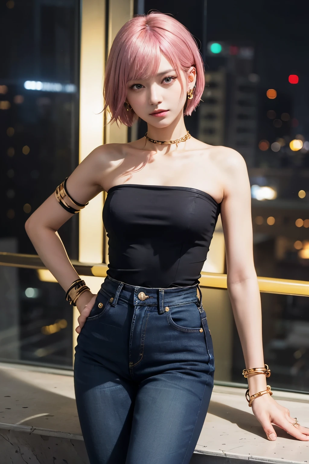 (8K, top-quality, masterpiece:1,2), (reallistic, Photorealsitic:1.37), Super Detail, One girl,), (Highly detailed), (beautifully detailed eyes), (of the highest quality), (super detailed ), (masterpiece), (Detailed face),20yr old, ,1 girl, ((pink hair,Very short hair)), medium breasts, clothed, Perfect Lighting, BREAK (black strapless top:1.3), (jeans denim pants:1.4), (blue scarf around neck:1.2), (gold earring on left ear:1.2), (gold bracelet on right arm:1.2), (black wristband on left arm:1.2), (black boots:1.2), BREAK bangs on left side, gold earring on left ear, cool and confident expression, right hand on hip, left hand pointing with index and middle finger, V sign not peace sign, black strapless top, jeans denim pants, blue scarf around neck, gold bracelet on right arm, black wristband on left arm, black boots, standing facing camera, slightly tilted from chest down, window behind, city night view outside, moonlight and neon light shining on subject, high contrast of light and shadow
