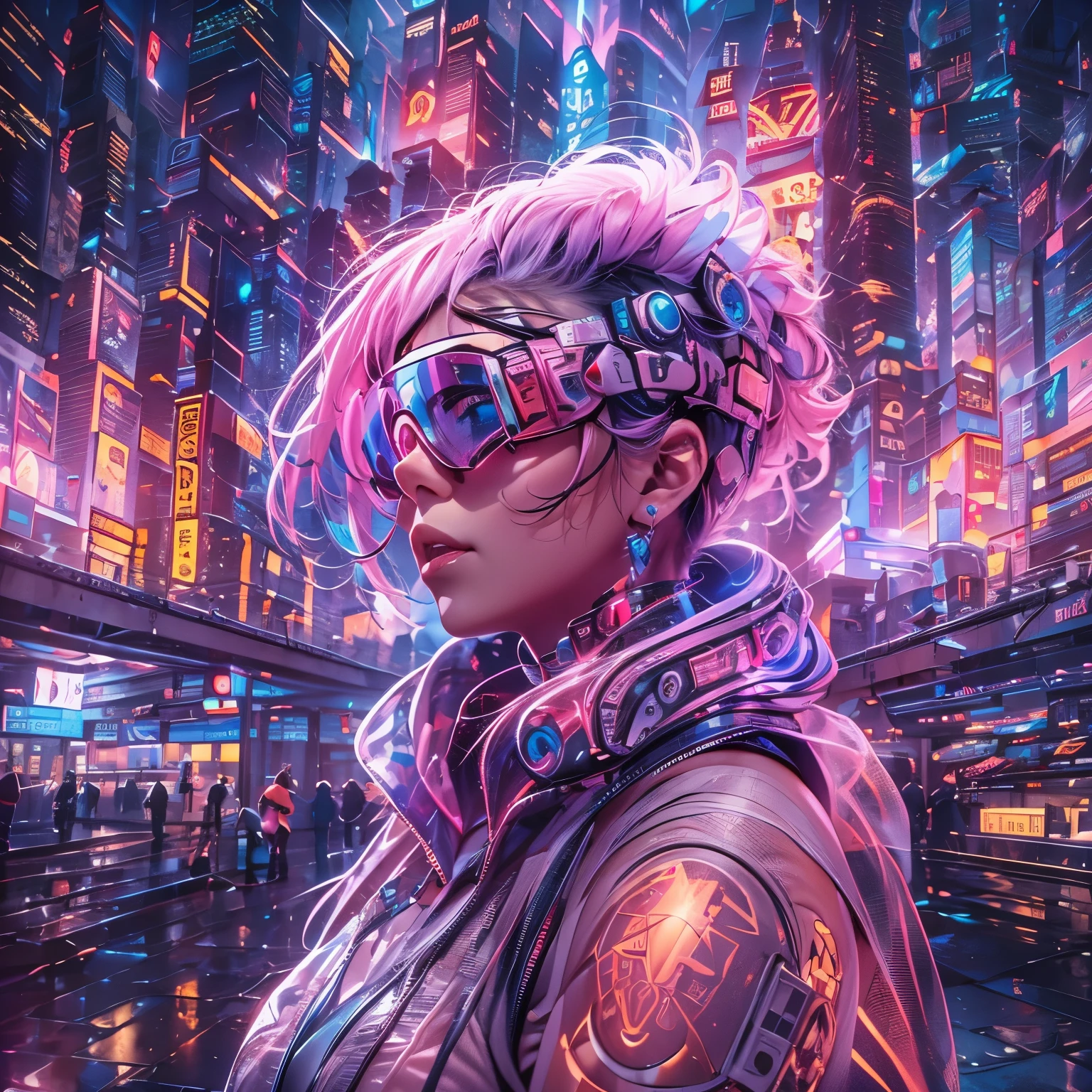 A portrait of a person with a futuristic and artistic theme. The individual has a vivid, colorful hairstyle. They wear oversized, elaborate goggles that look like they are made of colorful, translucent crystals, reflecting the nebulous scene of colors. The goggles have a detailed, ornately futuristic design, reminiscent of a cyberpunk aesthetic. The background is a nebulous scene with starry lights, suggesting a bustling city at night. The person's skin should have a gentle iridescent quality, reflecting the ambient colors.