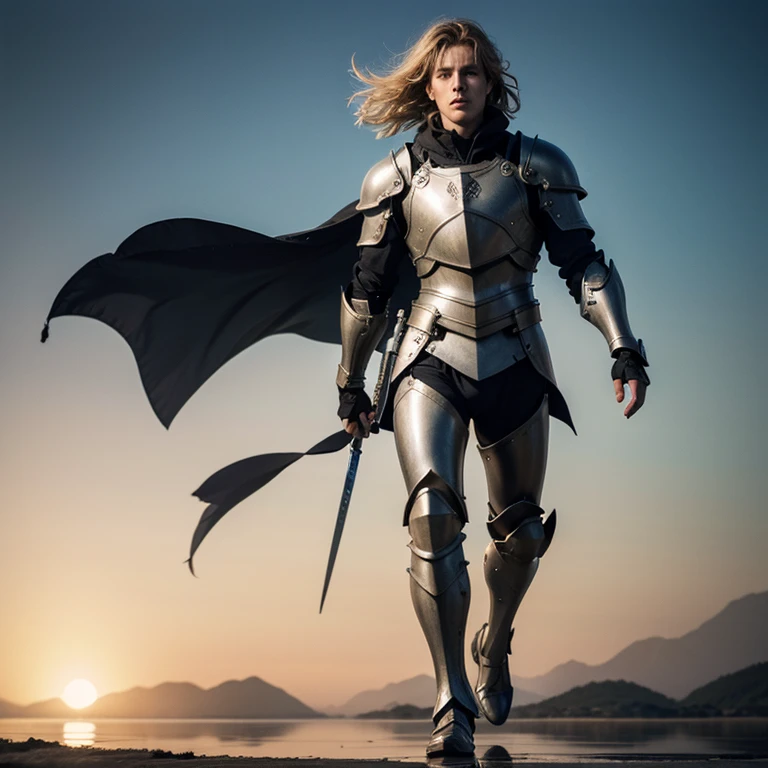 ((Best Quality, 8k, Sharp Focus, Masterpiece: 1.2, Cinematic Light, fantastic beauty a man handsome, Detailed face Textures, realistic skin, detailed bangs)), mountain background at dawn, ((detailed Full body Metal Armor)), ((metal reflections:1.4)), detailed divine pale blonde hair, long wavy messy hair, wind, light fog, devil's castle, detailed Green eyes with blue light radiation , sense of determination Courageous face, final battle, absurdity, fullbody image