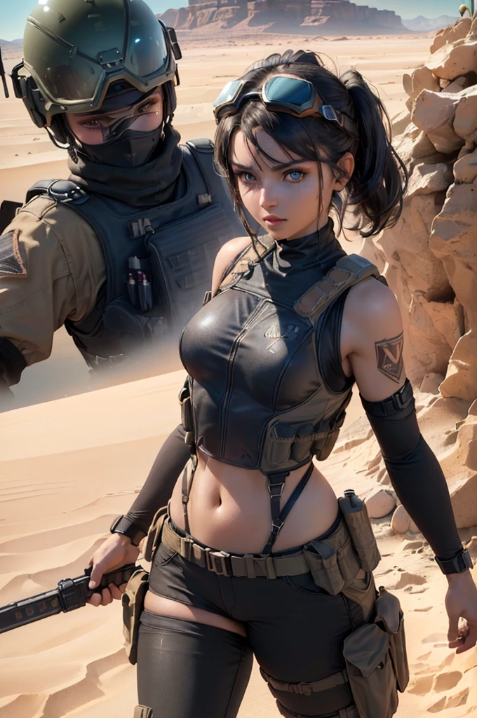 (1girl), ((desert combat outfit, holding weapon, tactical goggles, bullet vest, Fully clothed:1.4)), ((small Breasts, rounded breasts:1.3)), ((accentuated breast, large pelvic, wide hip, midriff, narrow waist, curvy waist:1.2)), ((slim, skinny waist, slender, skinny stomach:1.2)), modern hairstyle, colour streaked hair, hair highlights, ((smug face)), ((tattoo:1.1)),
masterpiece, best quality, realistic, ultra highres, depth of field, (full dual colour neon lighting:1.2), (detailed face:1.2), (detailed eyes:1.2), (detailed background:1.2), (desert, action sequences, cinematic lighting, desert storm:1.2) (masterpiece:1.2), (ultra detailed), (best quality), intricate, comprehensive cinematic, magical photography, (gradients), colorful, detailed landscape, visual key, shiny skin,