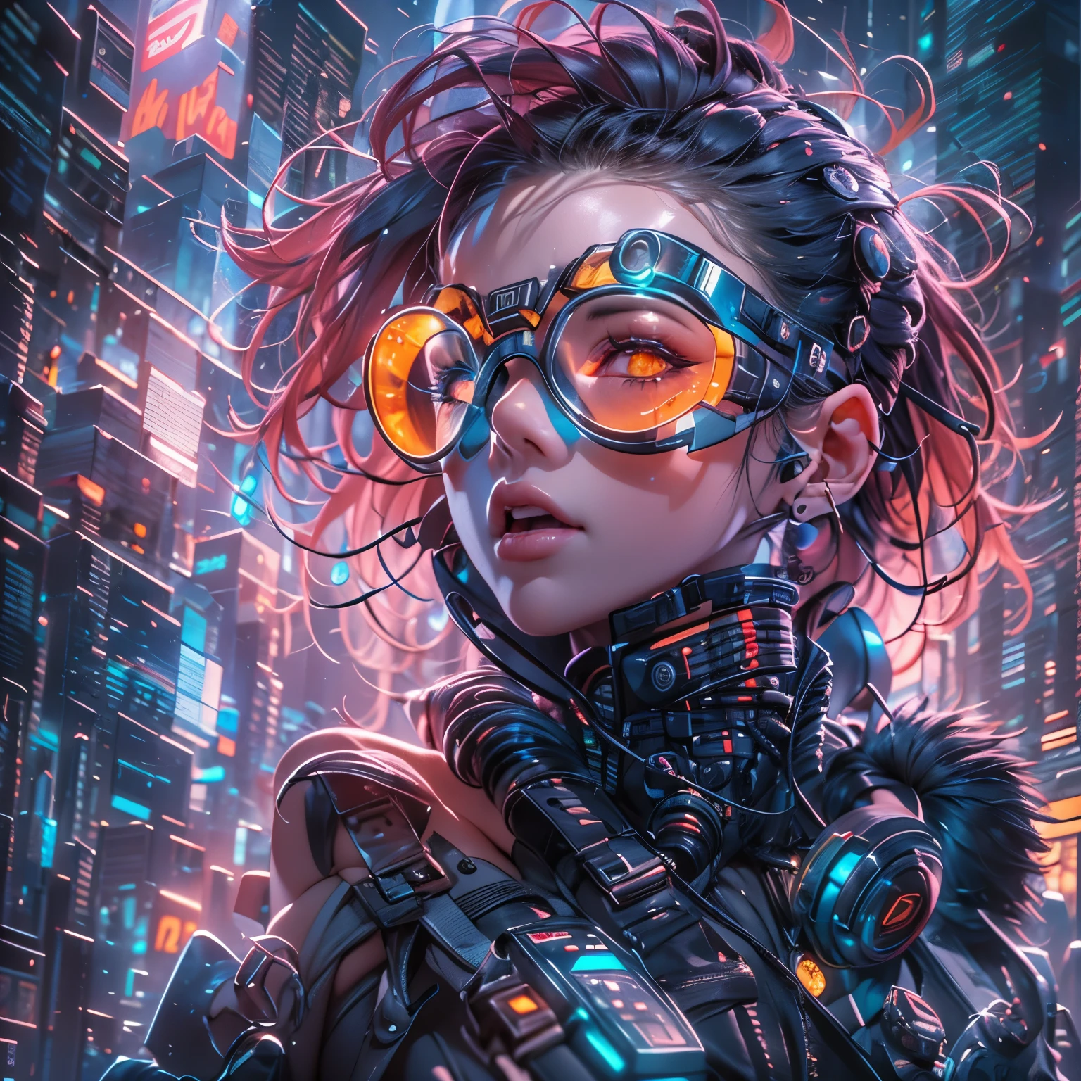 A portrait of a person with a futuristic and artistic theme. The individual has a vivid, colorful hairstyle. They wear oversized, elaborate goggles that look like they are made of colorful, translucent crystals, reflecting the nebulous scene of colors. The goggles have a detailed, ornately futuristic design, reminiscent of a cyberpunk aesthetic. The background is a nebulous scene with starry lights, suggesting a bustling city at night. The person's skin should have a gentle iridescent quality, reflecting the ambient colors.