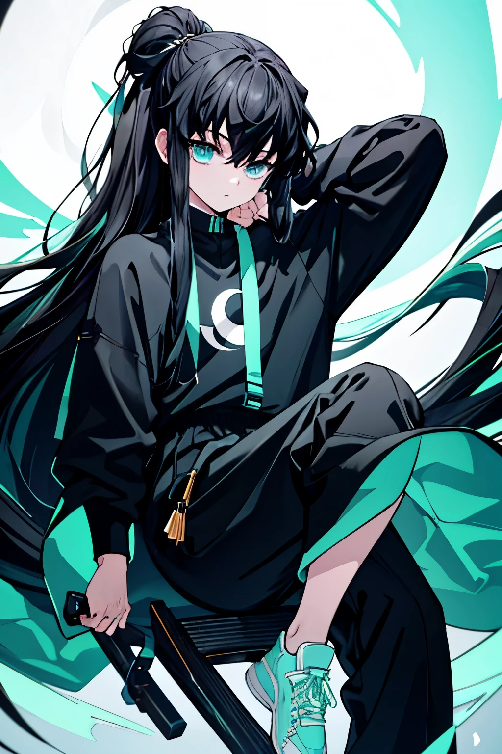 highest quality、best quality、Super detailed、perfect face、perfect human body、muste piece、Very delicate and detailed、1 boy、Long black hair、Hair up to the waist、The hair is mint green、light blue eyes、detailed face、Wearing a big black hoodie、black pants、sneakers、moon in background、night、detailed background