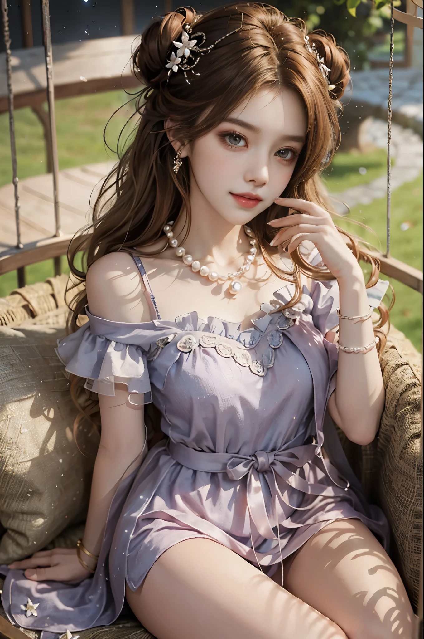 Sweet girl clothes2,pearl necklace,blue dress,flower, ((knee shot)), ((actual)), ((from above)), (close up), 1 Asian female model, A young girl, night, starry sky, (In the gazebo, sitting position, cross legs, leaning against pillars), pretty pose, Various postures attract attention, Detailed scene, bun hair, hairpin, beautiful hair accessories, Brownish-yellow hair, Light makeup, blush blush, lip gloss, beautiful legs, ((warm light, Warm color palette)), (Extremely high color saturation), detailed details, Super detailed, (masterpiece, best quality), (Extremely exquisite and beautiful work), exquisite earrings, exquisite necklace, simple blurr background, extremely detailed description, Ultra-fine painting, delicate face, slim body, thin waist, Smile, (anatomically correct)