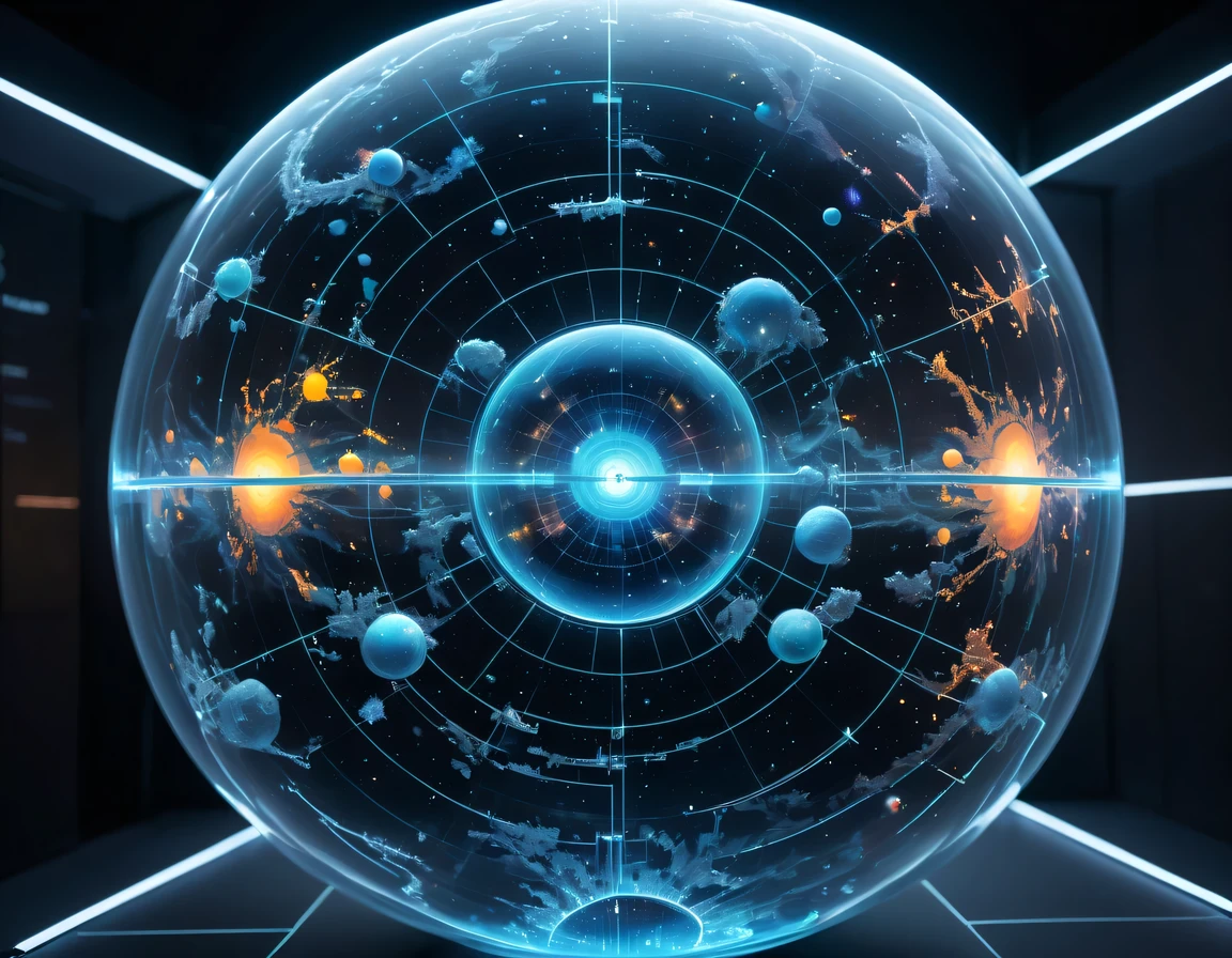 high tech会议大厅中间有未来派transparent空灵天文图，3D astronomical map，Holographic projection astronomical map，Milky Way，Map of cosmic galaxies，spherical，neural network chain，transparent，cyberpunk，X-ray，fluorescence，neon lights，high tech，