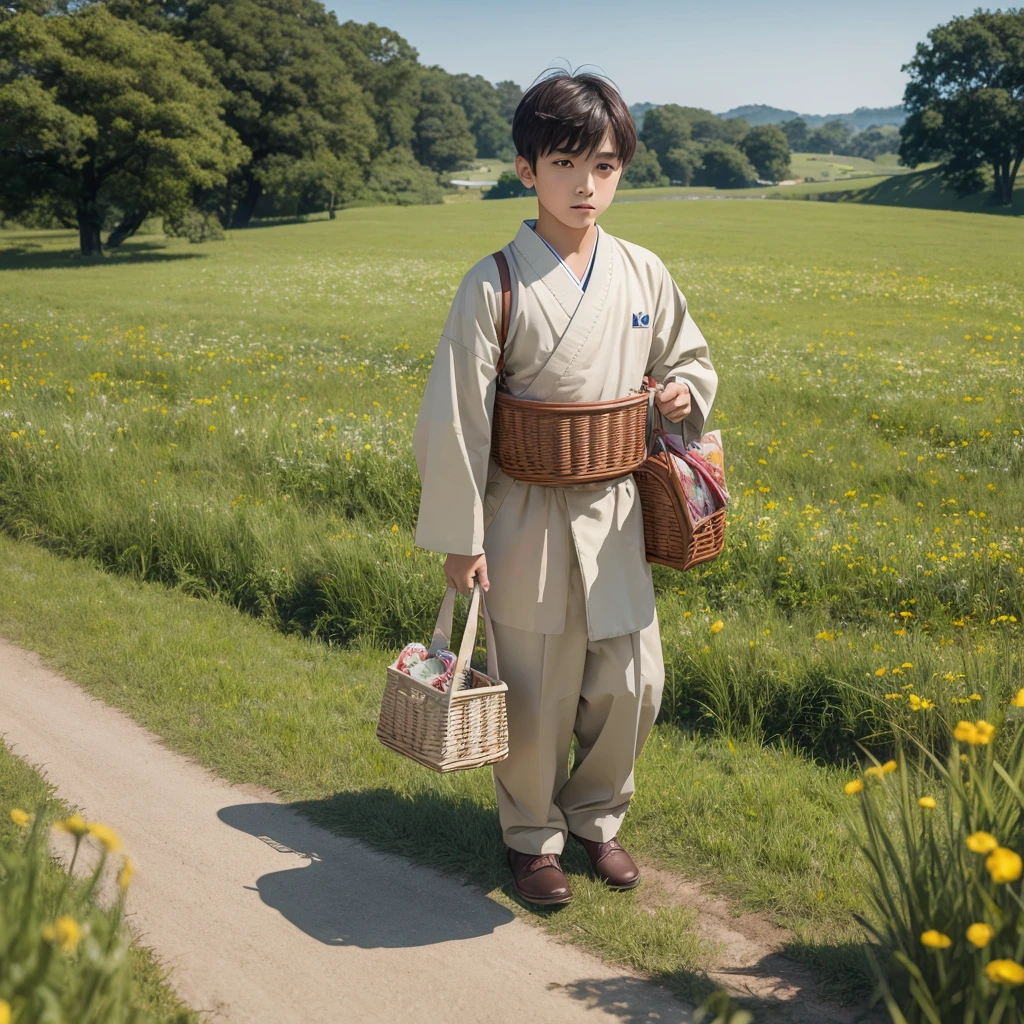 High resolution, Super detailed, masterpiece, highest quality,oriental、boy、boy working in the field、grassland、Basket Bag、Wearing traditional Japanese costumes、game poster、alone、