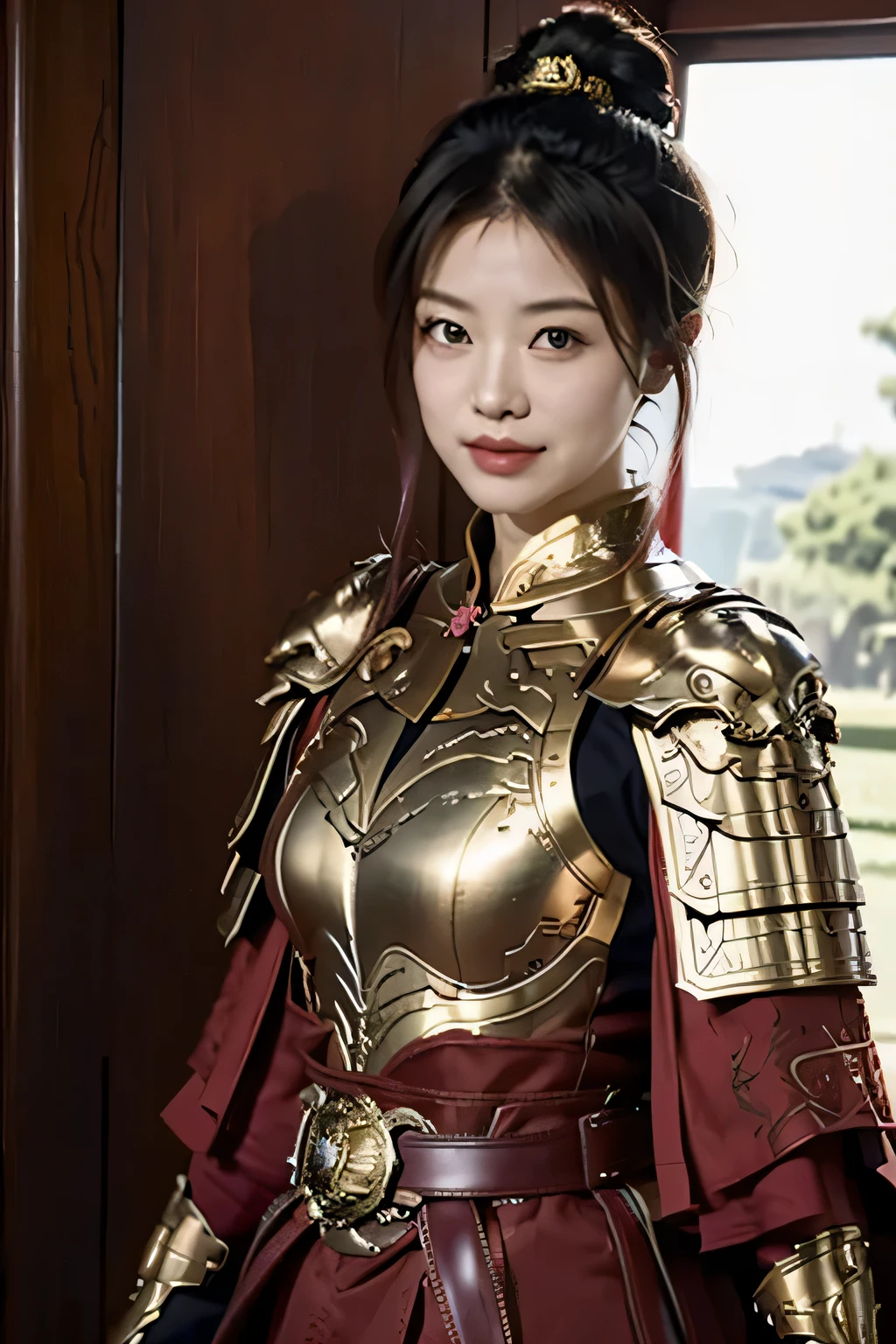 Chinese girl warrior,8K,HD quality,Finely engraved picture section,Detail the eyes,Crimson cape, metal pauldron,Metal armor,Breasts are full and erect,Gold hairband,majestic,Smile(open mouth)(The corners of the mouth are raised),、(Hair in a bun:1.5),(Hair bun raised high)。wilderness background(grassland background)