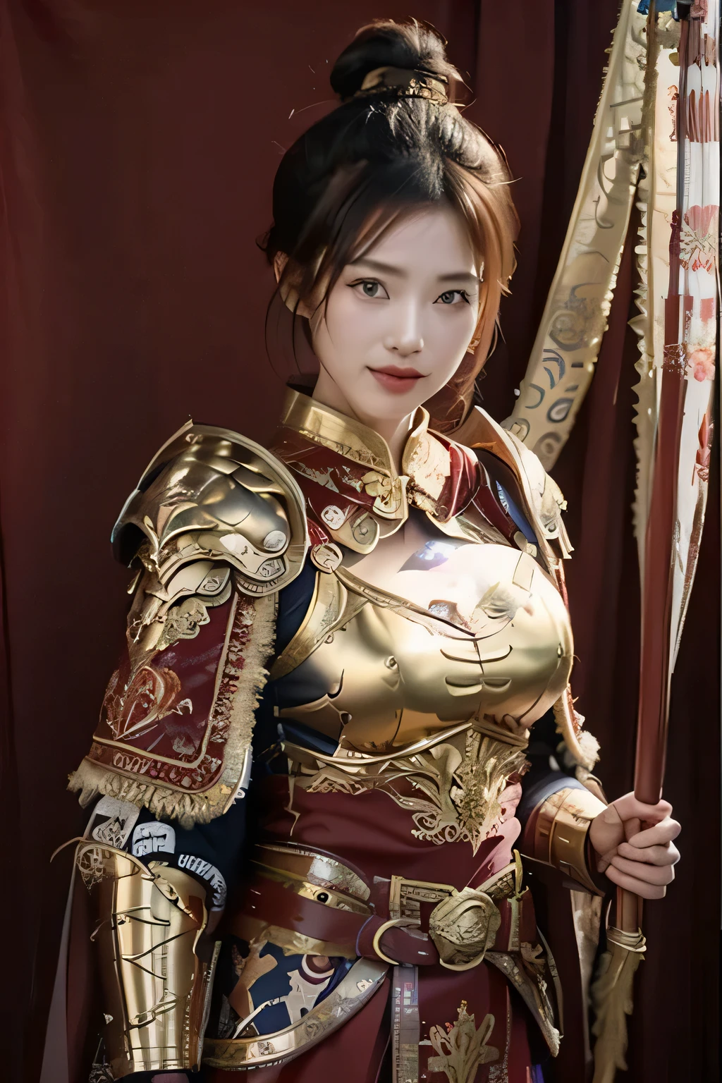 Chinese girl warrior，8K，HD quality，Finely engraved picture section，Detail the eyes，Crimson cape， metal pauldron，Metal armor，Breasts are full and erect，Gold hairband，majestic，Smile（open mouth）（The corners of the mouth are raised），、（Hair in a bun：1.5），（Hair bun raised high）。wilderness background（grassland background）