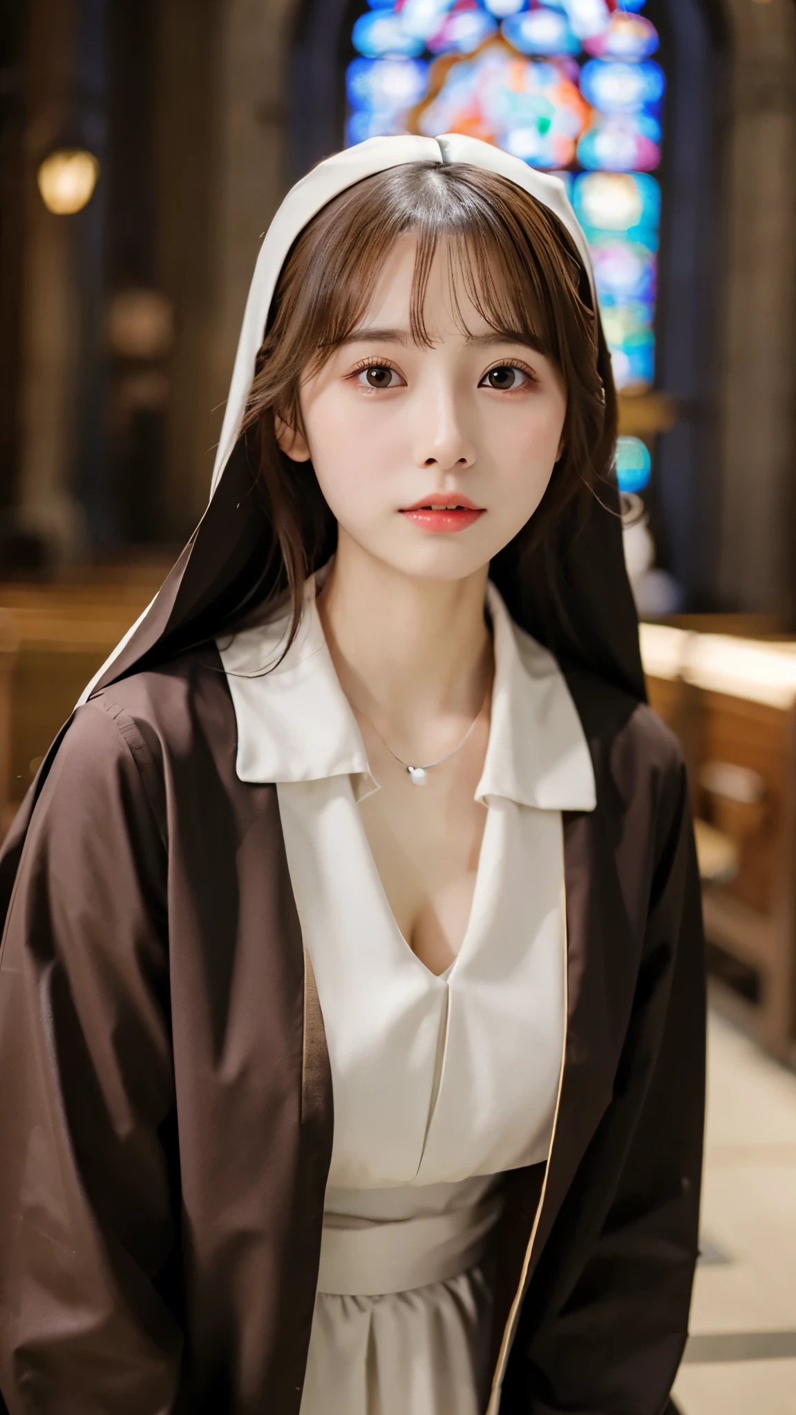 best quality ,masterpiece,ultra high res, very beautiful, kawaii, (photo realistic:1.4), 1girl, Japanese, brown hair, cleavage, Cinematic, 35mm lens, f/ 1. 8, nun cassock clothing, priest, Church