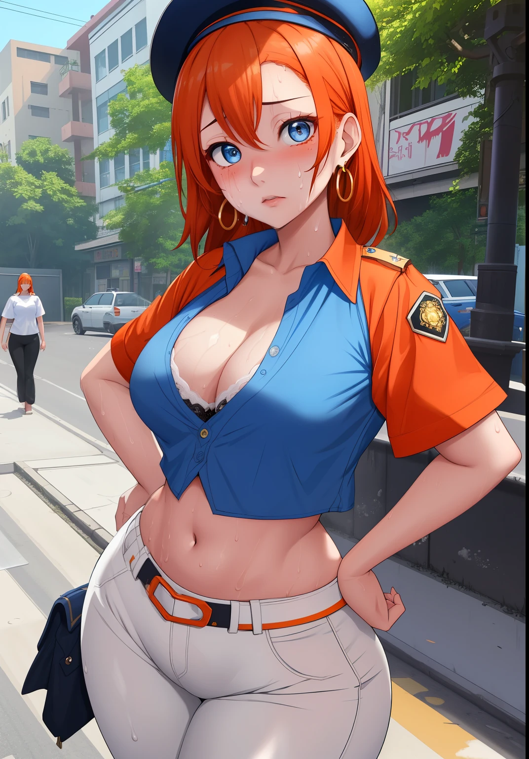 Masterpiece, best quality, detailed face, kousaka honoka, blue eyes, orange hair, open shirt,bra,half sleeves,earrings, black belt, tight white low pants, midriff, sweating, (sweating:1.3),  police cap,in street, toned stomach,thicc ,wide hips, hands on hips