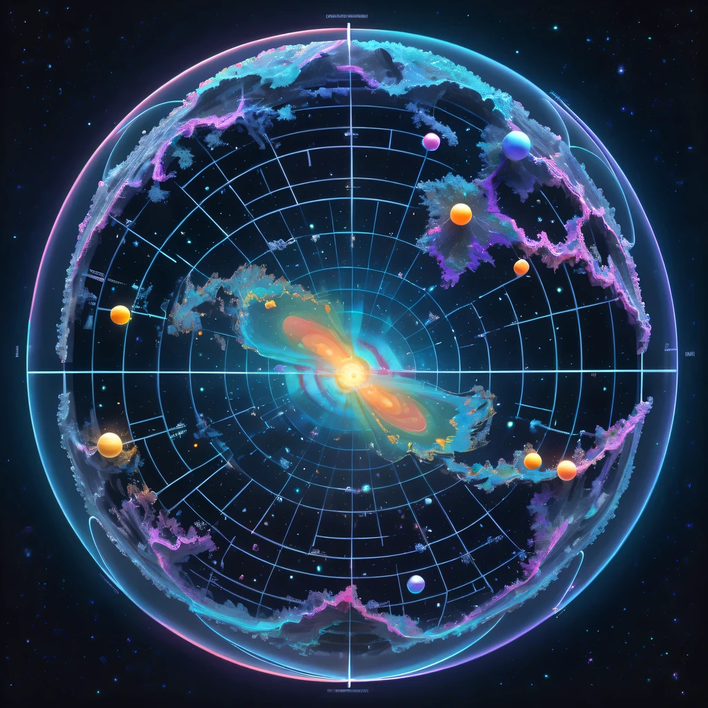 未来派transparent空灵天文图,3D astronomical map,Holographic projection astronomical map,Milky Way,Map of cosmic galaxies,spherical,neural network chain,transparent,cyberpunk,X-ray,fluorescence,neon lights,high tech