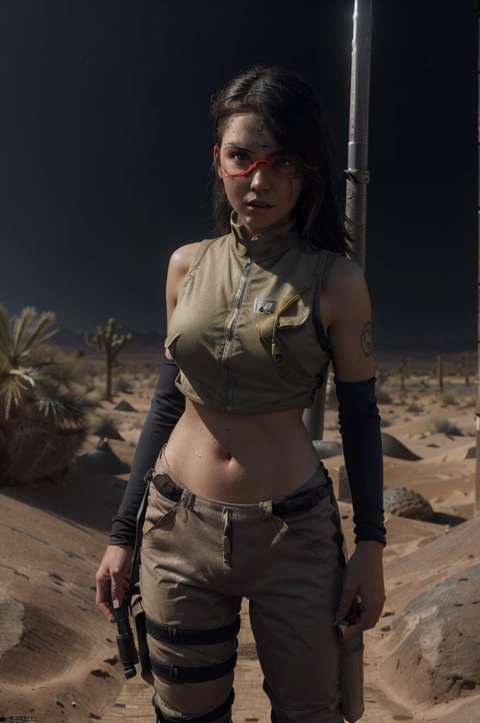 (1girl), ((desert combat outfit, holding weapon, tactical goggles, bullet vest, Fully clothed:1.4)), ((small Breasts, rounded breasts:1.3)), ((accentuated breast, large pelvic, wide hip, midriff, narrow waist, curvy waist:1.2)), ((slim, skinny waist, slender, skinny stomach:1.2)), modern hairstyle, colour streaked hair, hair highlights, ((smug face)), ((tattoo:1.1)), masterpiece, best quality, realistic, ultra highres, depth of field, (full dual colour neon lighting:1.2), (detailed face:1.2), (detailed eyes:1.2), (detailed background:1.2), (desert, action sequences, cinematic lighting, desert storm:1.2) (masterpiece:1.2), (ultra detailed), (best quality), intricate, comprehensive cinematic, magical photography, (gradients), colorful, detailed landscape, visual key, shiny skin,