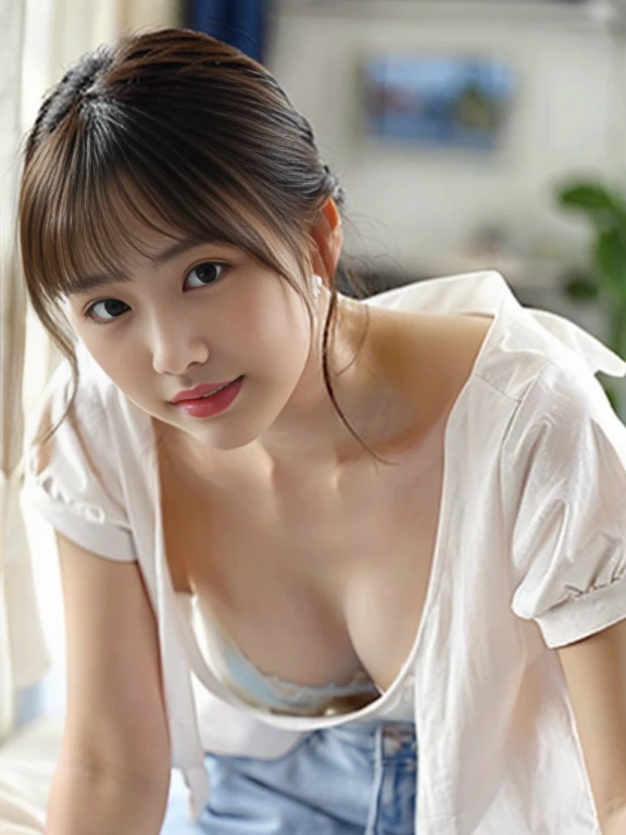 (highest quality、masterpiece:1.2)、super detailed、(photo-realistic:1.4)、Japanese、cute、25 years old、Angle of view from the side、Oversized white shirt、downblouse, loose t-shirts, light_particle、Bright workplace、(leaning forward:1.5)、big breasts、valley、A little bra is visible