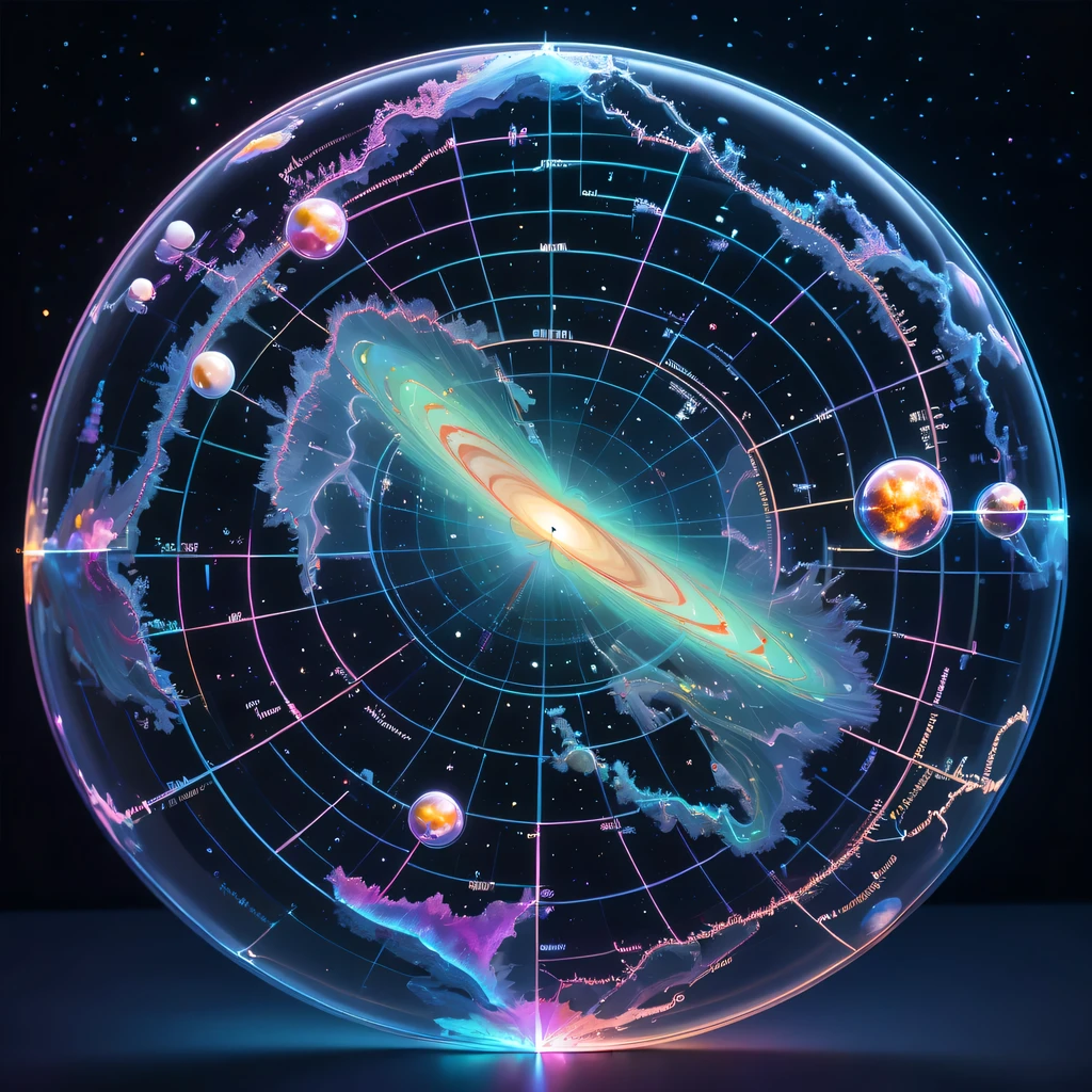 未来派transparent空灵天文图,3D astronomical map,Holographic projection astronomical map,Milky Way,Map of cosmic galaxies,spherical,neural network chain,transparent,cyberpunk,X-ray,fluorescence,neon lights,high tech