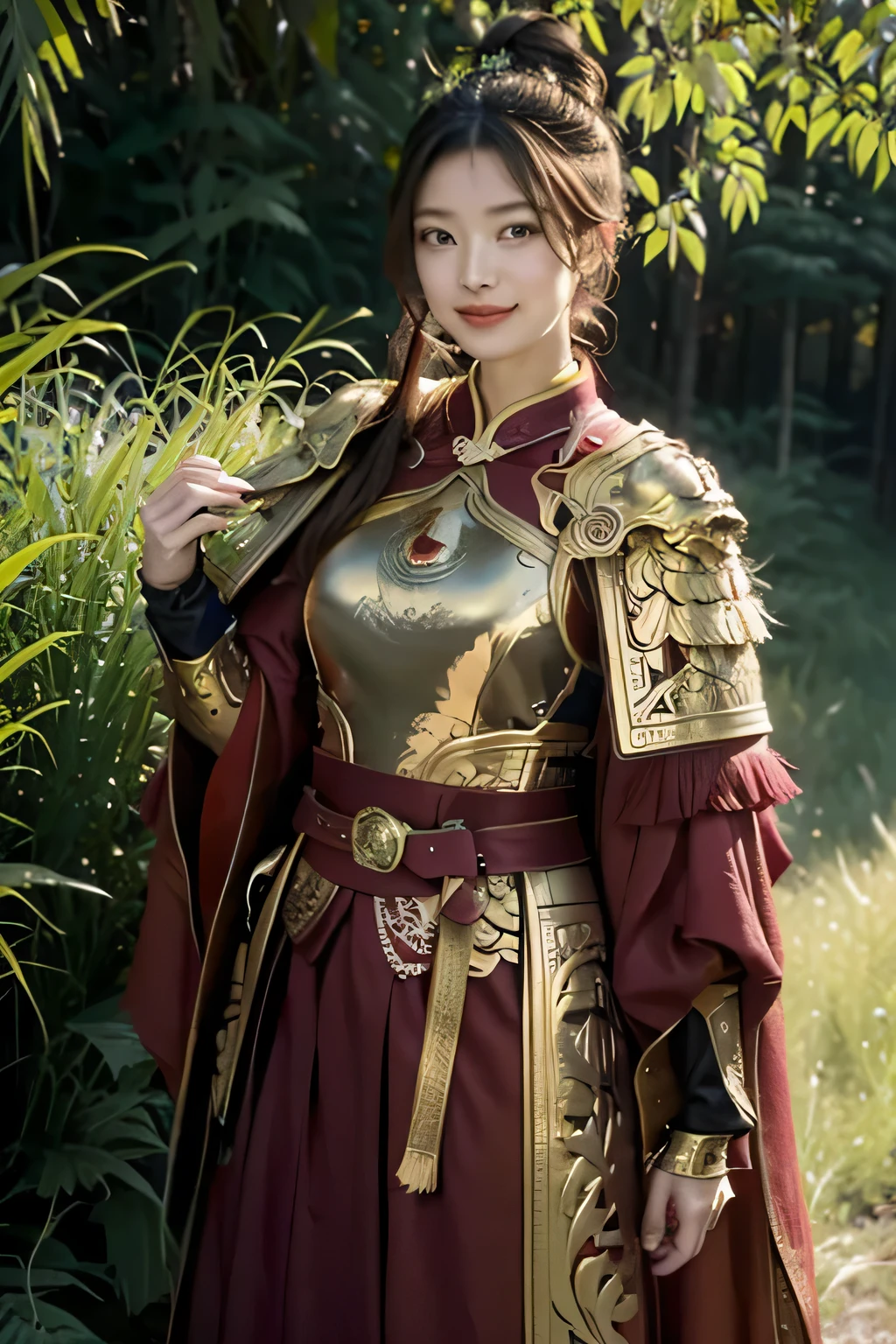 Chinese girl warrior，8K，HD quality，Finely engraved picture section，Detail the eyes，Crimson cape， metal pauldron，Metal armor，Breasts are full and erect，Gold hairband，majestic，Smile（open mouth）（The corners of the mouth are raised），（Hair in a bun：1.5），（Hair bun raised high），Forest grass background（grassland background）