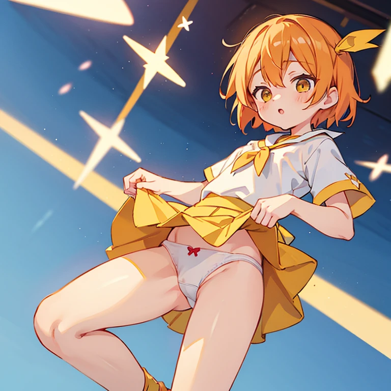 1girl solo hoshizora rin orange hair yellow eyes short hair,nsfw,,9years old,shirt lift,笑顔,スタジオ,アイドル衣装,ミニスカート,panty / upskirt,群衆,skirt lift