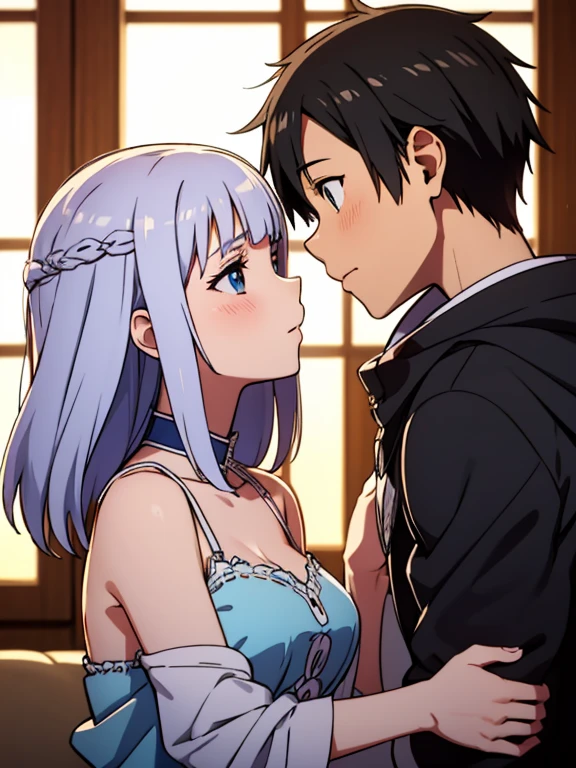 (Boy and girl kissing each other) , (emilia, re zero, white long hair girl), (kirito, sword art online, black short hair boy)