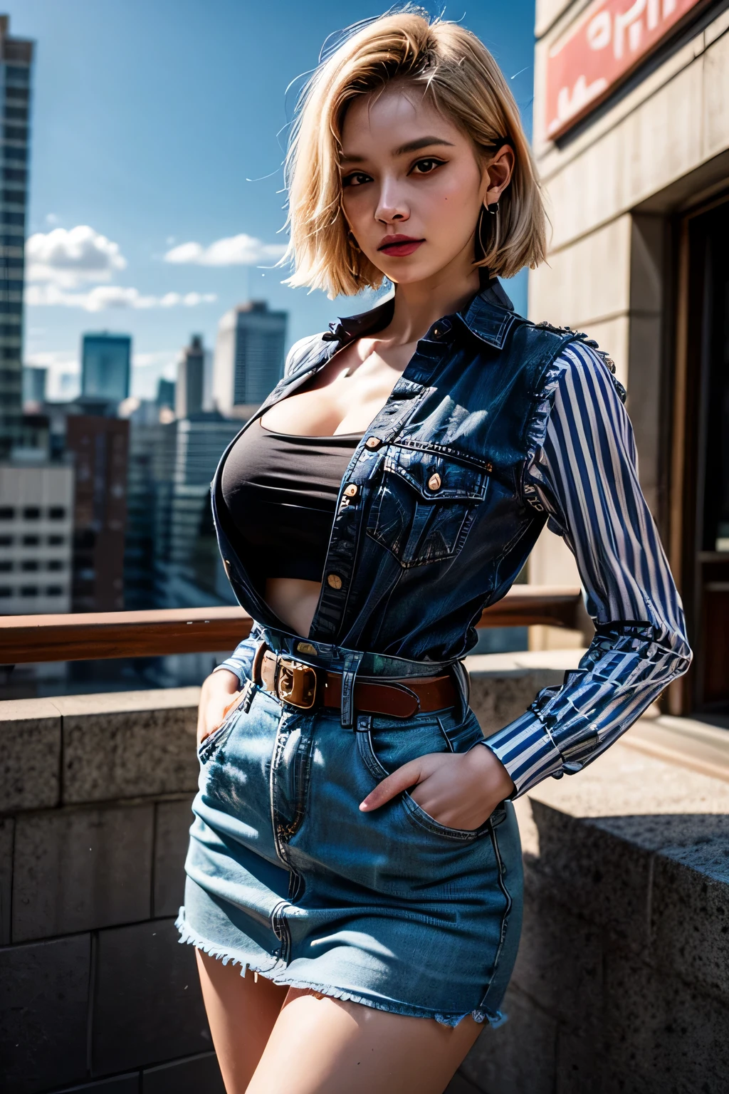 android 18, android 18, blonde hair, blue eyes, eyelash, hoop earrings, short hair, earrings, break belt, black legwear, black shirt, breast pocket, cleavage, clavicle, denim, denim skirt, high-waist skirt, jewelry, long sleeve, pocket, shirt, shirt tucked in, skirt, striped, striped sleeves, waistcoat,, break outdoors, city, null, cloud, sun, break looking at viewer, (cowboy shot:1.5), break (masterpiece:1.2), highest quality, High resolution, unity 8k wallpaper, (shape:0.8), (beautiful and detailed eyes:1.6), highly detailed face, perfect lighting, Very detailed CG, (perfect hands, perfect anatomy)