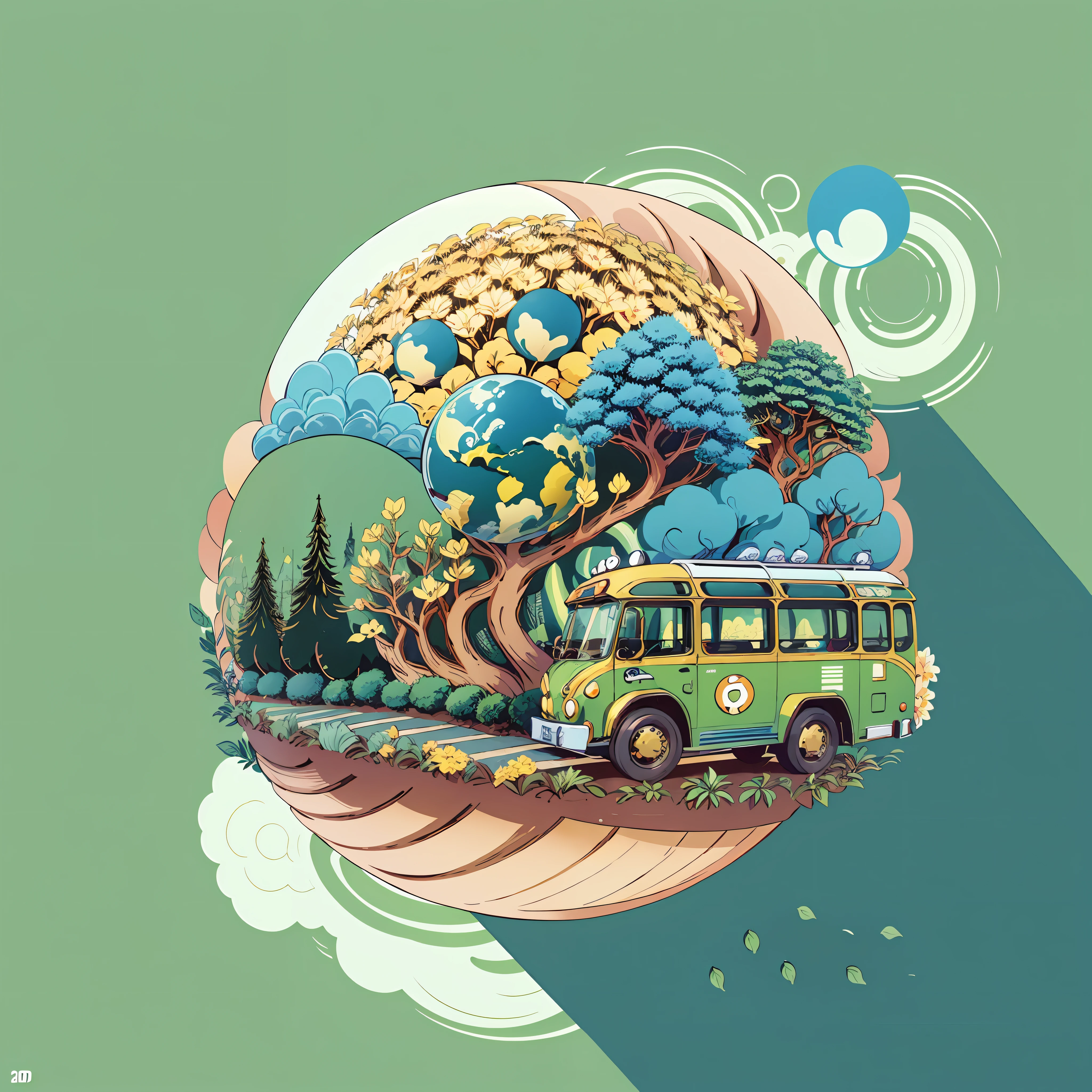 Earth Day poster, flat illustration, super cute bus in green spherical globe, trees, flowers, landscape, blue, green, yellow, simple background, center composition, bright colors, chiaroscuro, super high detail, 4k, flat illustration --auto --s2