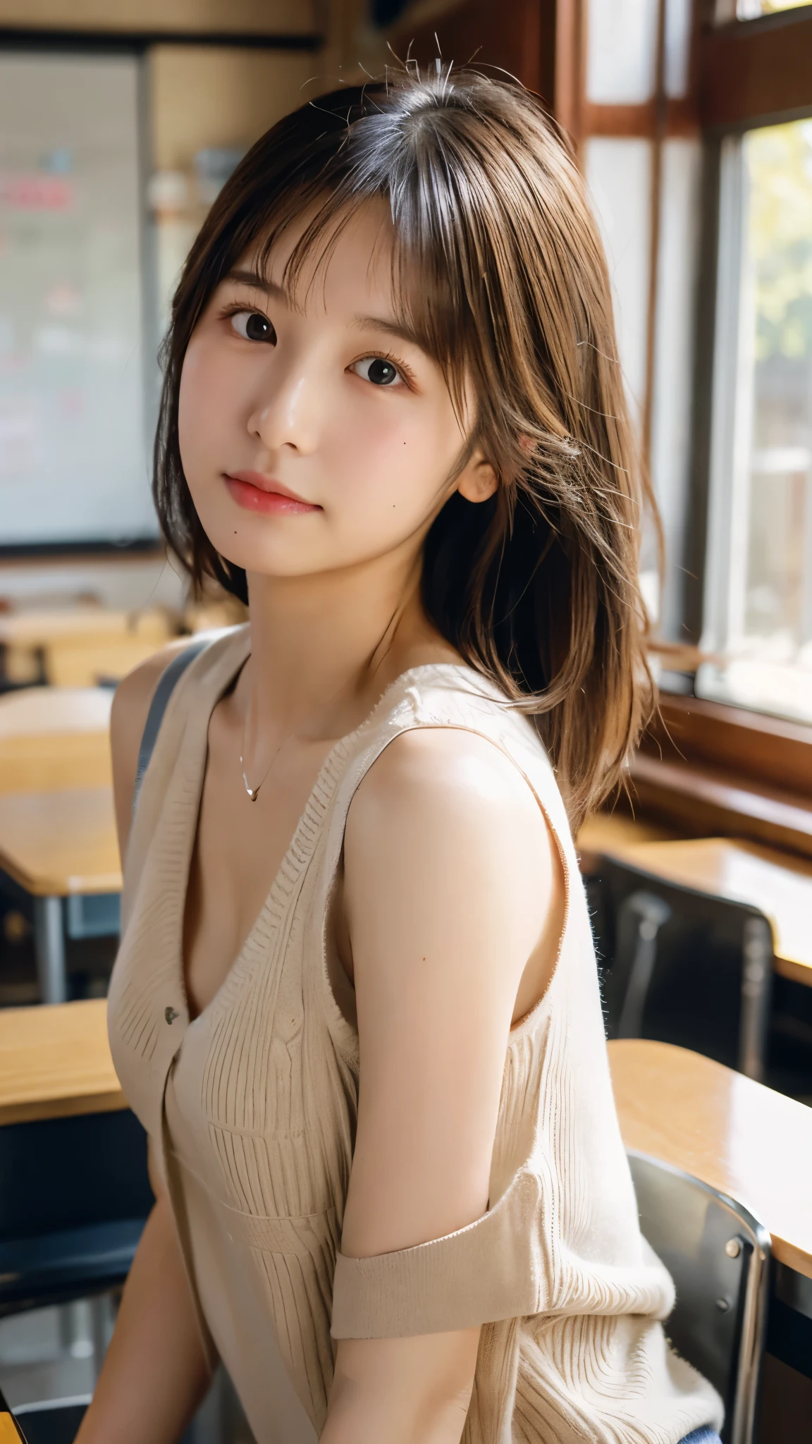 best quality ,masterpiece,ultra high res, very beautiful, kawaii, (photo realistic:1.4), 1girl, Japanese, brown hair, cleavage, Cinematic, 35mm lens, f/ 1. 8, teacher, flowing sweat, narrow shoulder,(impossible sweater:1.05), see through, sleeveless, narrow shoulder, classroom, blackboard