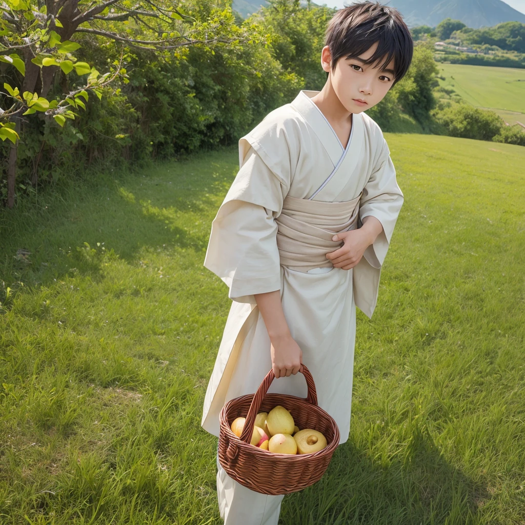 High resolution, Super detailed, masterpiece, highest quality,oriental、boy、boy working in the field、grassland、Basket Bag、Wearing traditional Japanese costumes、game poster、alone、