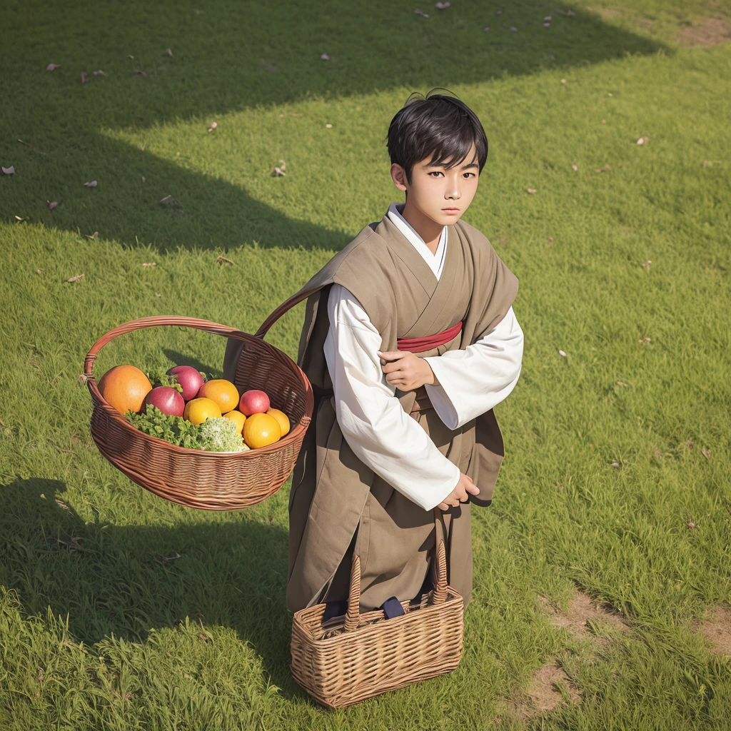 High resolution, Super detailed, masterpiece, highest quality,oriental、boy、boy working in the field、grassland、Basket Bag、Wearing traditional Japanese costumes、game poster、alone、