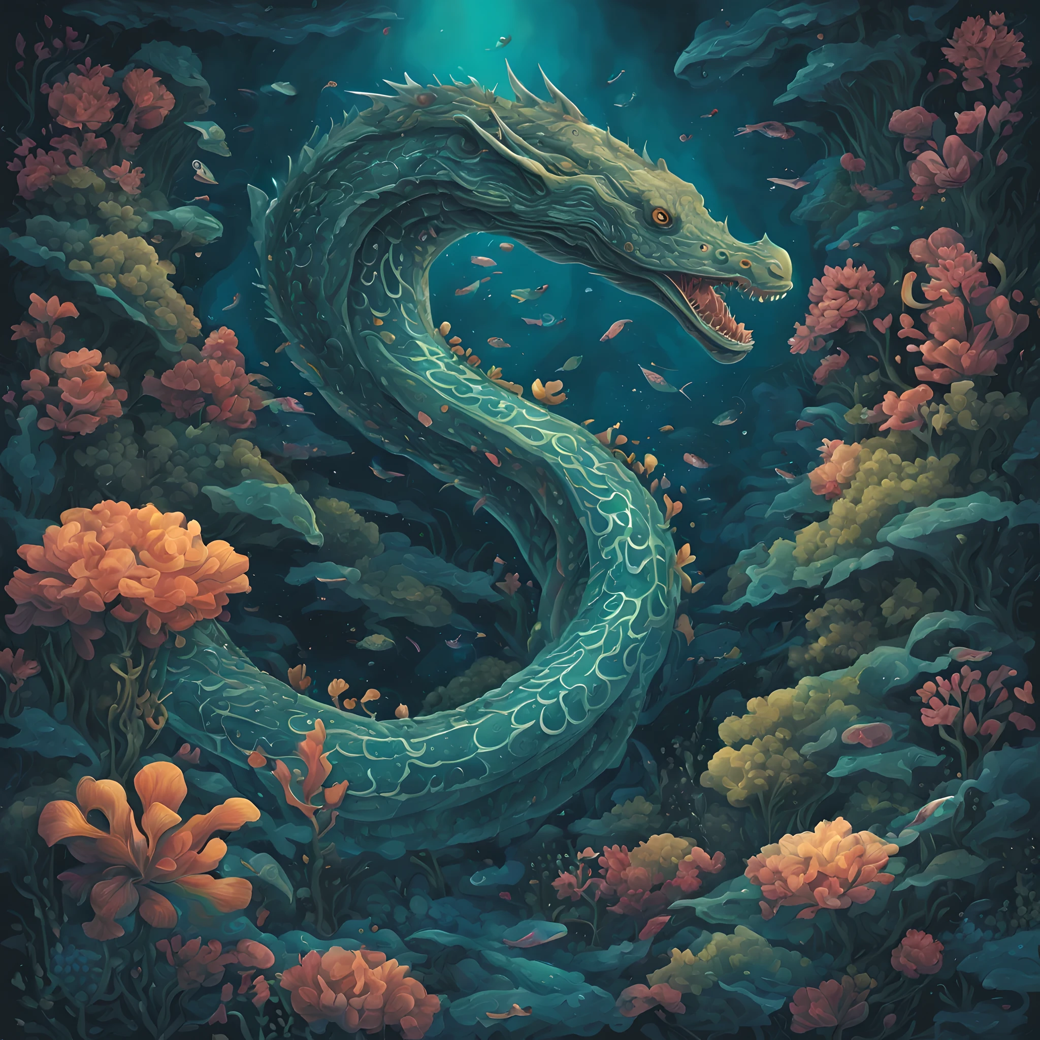Mythical Sea Serpent Emerging from the Depths, surrounded by bioluminescent underwater flora and fauna, creating an otherworldly spectacle. Illustrated in an Isometric style inspired by the mesmerizing works of Android Jones, ensuring a balance between detail and surrealism.