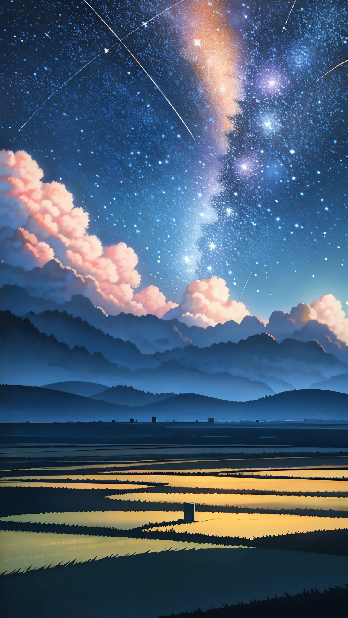 masterpiece, best quality, landscape, no humans, sadness,oil painting \(medium\) fake sky,(multiple fake stars falling from sky:1.2),floating star shape falling down,broken ground