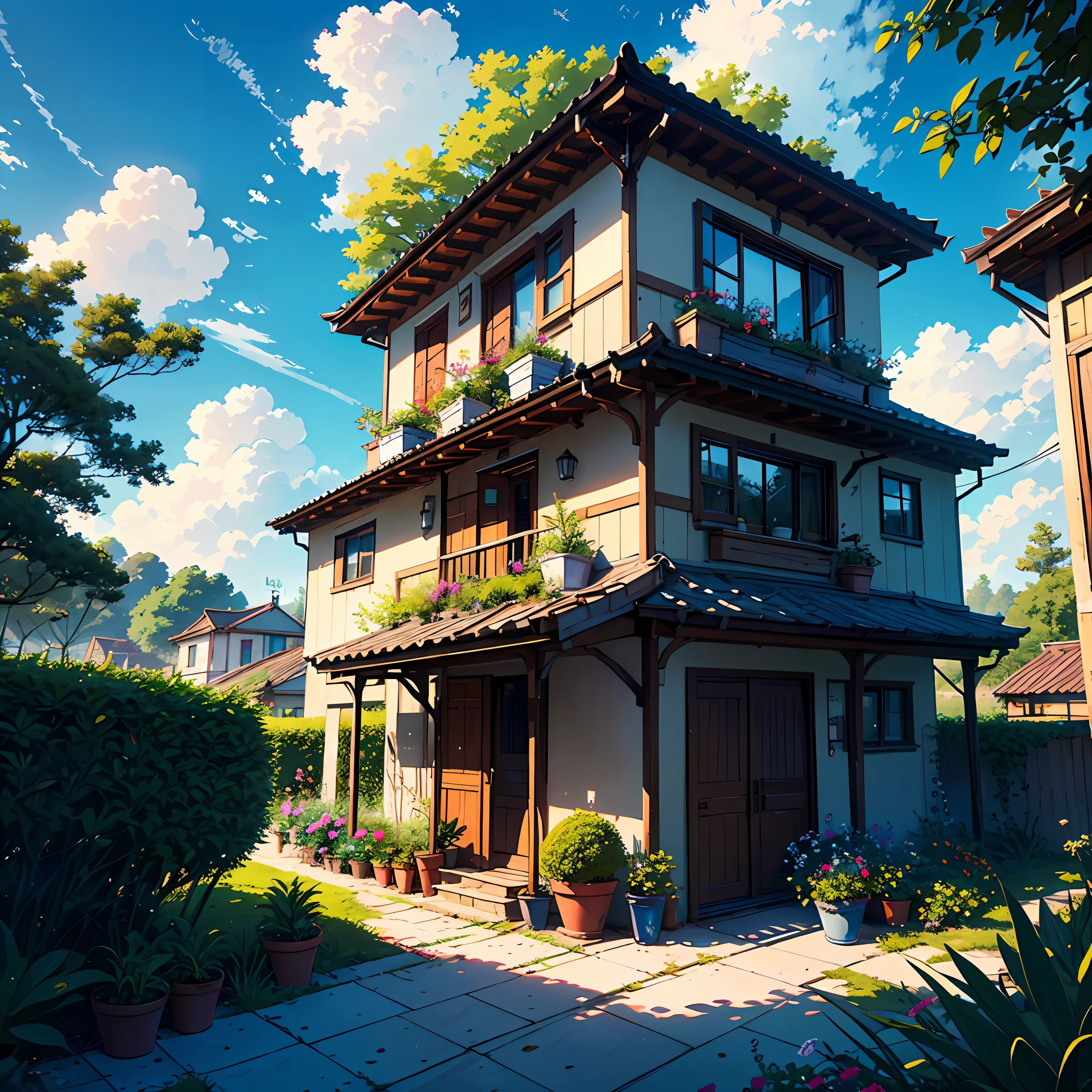 paysage,ciel,usine,arbre,outportes,jour,maison,potted usine,bâtiment,pas d'humains,Nuage,fenêtre,blue ciel,enregistrement,pot de fleur,porte,buisson,viseur,Architecture,Personne,sans les humains,4k,haute résolution