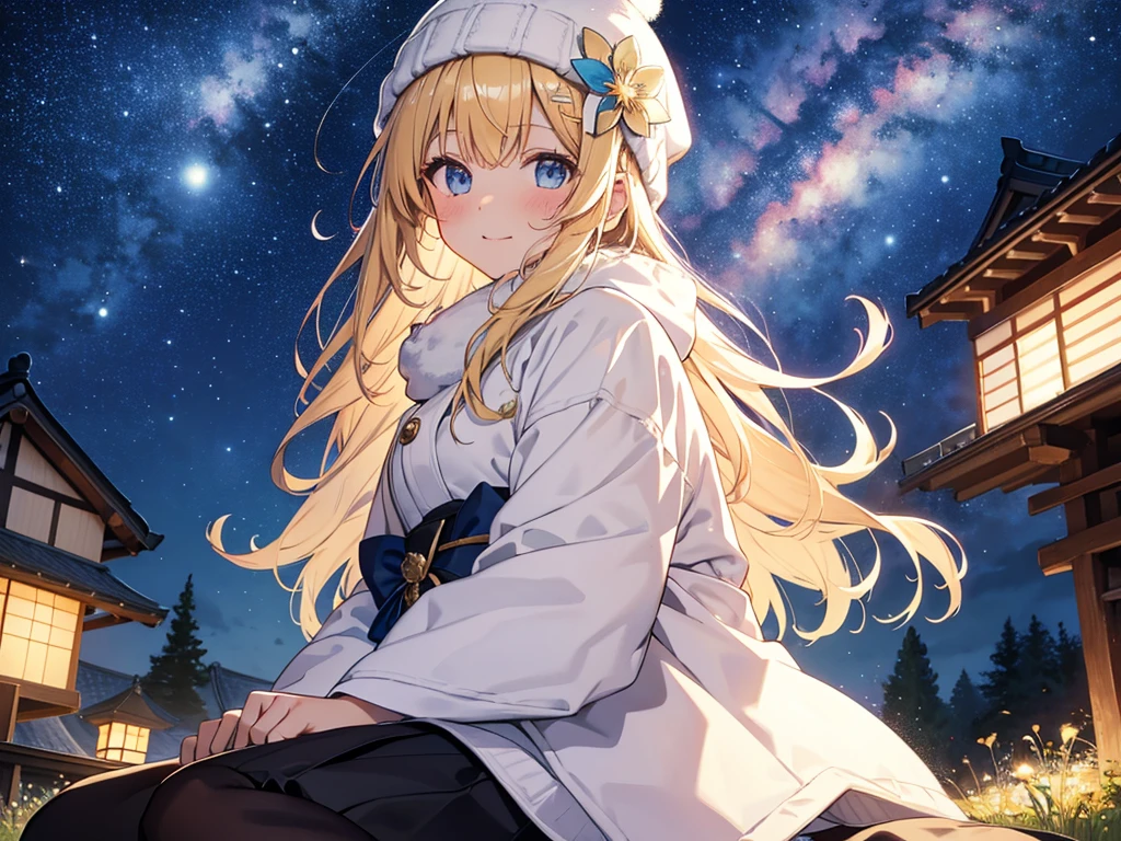 (masterpiece)++,(sweet illustration)+,detailed gradient eyes, outdoors, milky way galaxy, Beautiful scenery, Moonlight, high resolution, summit,
1girl, sitting, kimono, WHITE MUFFLER, duffel coat, ROBE, (fluffy, beanie), from back, looking at viewer, medium bob, blonde hair, bun_head, shiny wavy hair, blue eyes, light smile, lens flare, Japanies Hairpin, kanzashi, braided bangs, cute, , 14-yo, , sweaty hats, white breath, steam, shooting star, astronomical telescope, 
