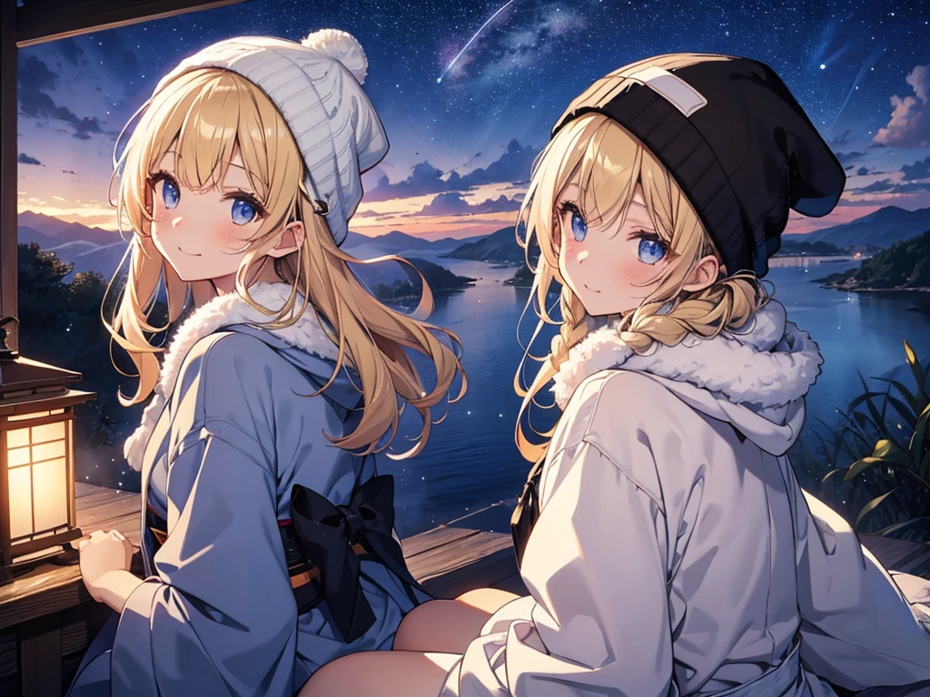(masterpiece)++,(sweet illustration)+,detailed gradient eyes, outdoors, milky way galaxy, Beautiful scenery, Moonlight, high resolution, summit,
1girl, sitting, kimono, WHITE MUFFLER, duffel coat, ROBE, (fluffy, beanie), from back, looking at viewer, medium bob, blonde hair, bun_head, shiny wavy hair, blue eyes, light smile, lens flare, Japanies Hairpin, kanzashi, braided bangs, cute, , 14-yo, , sweaty hats, white breath, steam, shooting star, astronomical telescope,