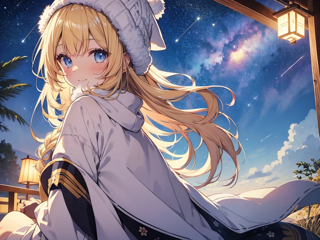 (masterpiece)++,(sweet illustration)+,detailed gradient eyes, outdoors, milky way galaxy, Beautiful scenery, Moonlight, high resolution, summit,
1girl, sitting, kimono, WHITE MUFFLER, duffel coat, ROBE, (fluffy, beanie), from back, looking at viewer, medium bob, blonde hair, bun_head, shiny wavy hair, blue eyes, light smile, lens flare, Japanies Hairpin, kanzashi, braided bangs, cute, , 14-yo, , sweaty hats, white breath, steam, shooting star, astronomical telescope,