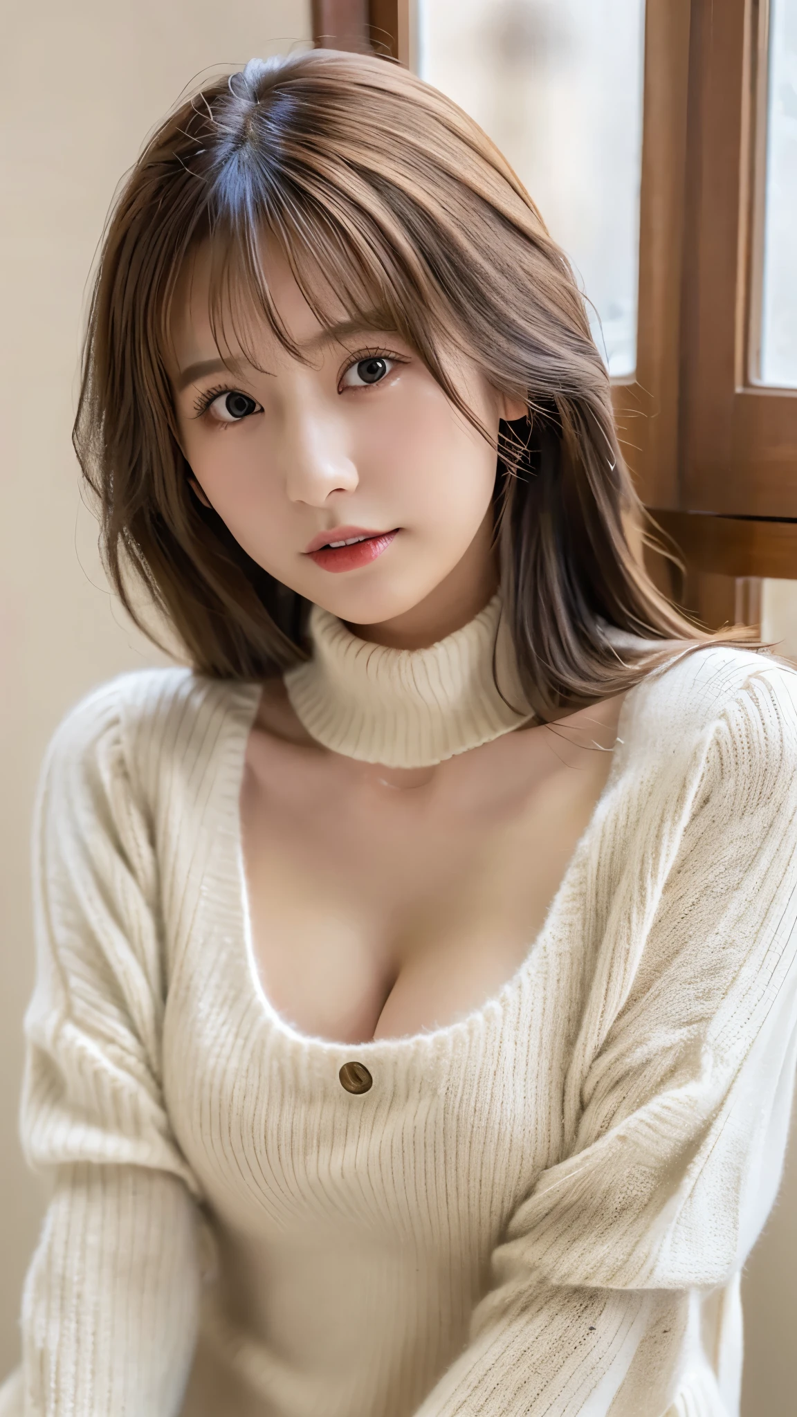 best quality ,masterpiece,ultra high res, very beautiful, kawaii, (photo realistic:1.4), 1girl, Japanese, brown hair, cleavage, Cinematic, 35mm lens, f/ 1. 8, virgin killer sweater, (sweater dress:1.2), ribbed sweater,sideboob,cleavage cutout, turtleneck sweater,(white sweater:1.3),(crop top navel,:0.7), Intersection